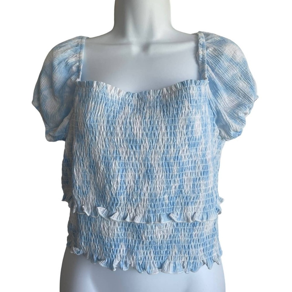 Lush Smocked Babydoll Top XL Blue White Milkmaid Puff Sleeve Cottagecore